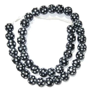 Black Skunk Beads 15mm Ghana African Black and White Round Glass 24 Inch Strand - Picture 1 of 1