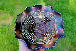 ANTIQUE FENTON GRAPE AND CABLE CARNIVAL GLASS BOWL - BLUE OPAL - VERY RARE - Picture 1 of 9