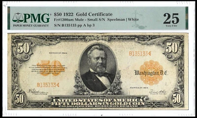 Series 1922 $50 Gold Certificate Fr. 1200am Mule PMG VF25 - Image 1 of 2