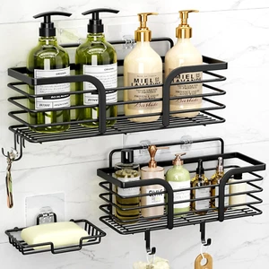 Shower Caddy, Adhesive Shower Organizer with Soap Dish and 4 Hooks, Rustproof St - Picture 1 of 12