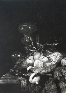 STILL-LIFE Delft Plate Peaches Orange Lemon Glass of Wine -1873 Original Etching - Picture 1 of 2