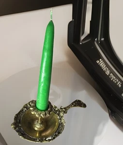 Vintage Brass Chamberstick Candle Light Fall Halloween Home Decor Signed 7" - Picture 1 of 11