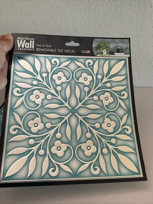23 pc Peel Stick 8"x8" Art Wall Tile Backsplash BLUE SILVER Floral Scroll - Image 1 of 4
