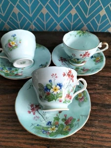Raro Art Deco Ainsley Bone China tazas de té y platillos pato huevo azul floral - Imagen 1 de 10