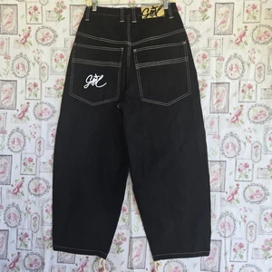 Y2K Black Baggy Jeans Wide Leg Contrast Stitch Embroidered Gone Logo Size Small - Picture 1 of 8