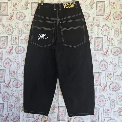 Y2K Black Baggy Jeans Wide Leg Contrast Stitch Embroidered Gone Logo Size Small - Image 1 of 4