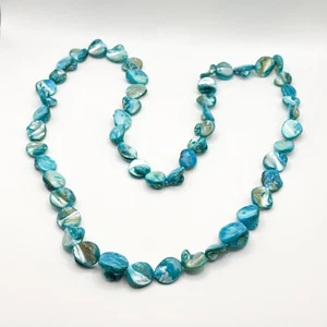 Vintage Blue Dyed Mother of Pearl Shell Beaded Necklace Nugget Statement - Picture 1 of 6