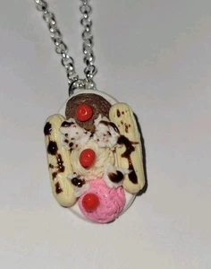 Ice Cream Sundae Necklace Silver Dessert Chocolate Strawberry Vanilla Cherries - Picture 1 of 4