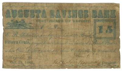 1861 Augusta Savings Bank Georgia GA 15c (L1970) - Image 1 of 2