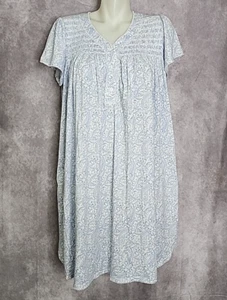 Miss Elaine Blue White Floral Nightgown Womens PL Paisley Short Sleeves Smocked - Picture 1 of 11