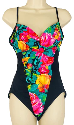 Traje de baño vintage años 90 nuevo sin etiquetas colorido floral de una pieza rosa negro traje ajustado M 12 Foto 1 de 4