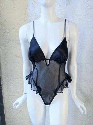 VINTAGE FREDERICKS OF HOLLYWOOD RUFFLE SHEER NEGLIGEE LINGERIE BLACK SIZE SMALL - Image 1 of 4