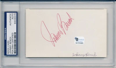 JOHNNY BENCH Signed Index Card Reds HOF MVP PSA/DNA w/ELIZABETH GORCEY Footloose - Image 1 of 3