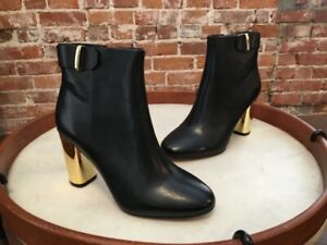 G.I.L.I. Black Leather Kallie Gold Block Heel Ankle Boot 5 New Gili