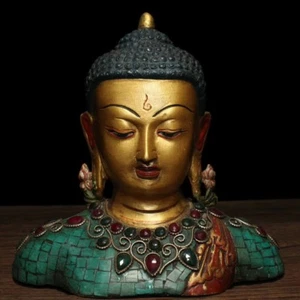 6" Tibet Buddhism Bronze Inlay turquoise Gem Shakyamuni bust Buddha statue - Picture 1 of 8
