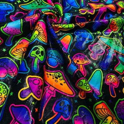 No-Stretch Psychedelic Mushrooms Hologram Foil Nylon Spandex Fabric 4 Way Stretc - Image 1 of 2