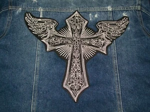 Scribble Winged Cross 11" Large Iron-On Embroidered Patch, Jacket Back Big White - Bild 1 von 3