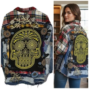 Flannel Shirt Womens 2XL Sugar Skull Shacket Upcycled Grunge Maximalist Rock - Picture 1 of 20