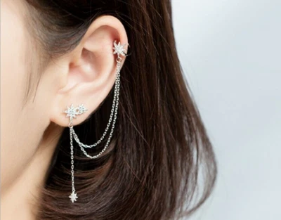 Pendiente colgante estrella norteña circonita plateada con oreja estrella encadenada Foto 1 de 4