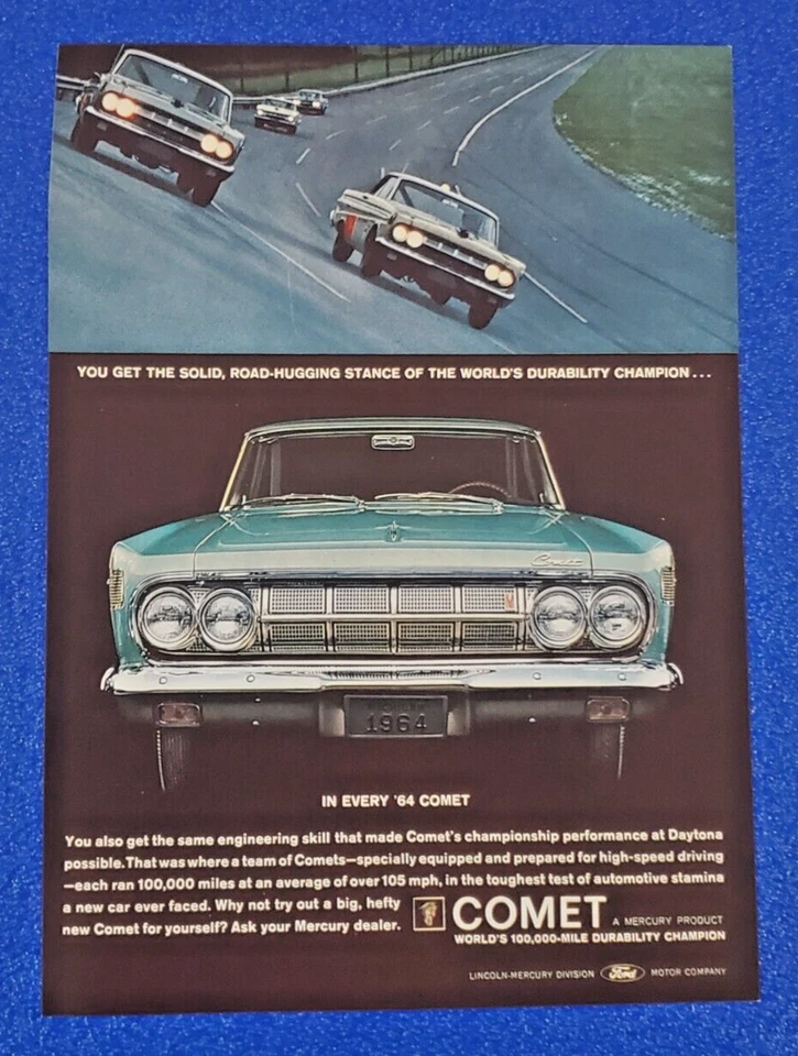 1964 MERCURY COMET IMPRESSÃO ORIGINAL AD DAYTONA DURABILIDADE CAMPEÃO (LOTE AZUL) S24+ - Imagem 1 de 1