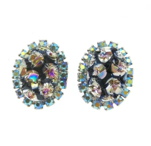 7/8" Vintage Juliana D&E Black Geode Molded AB Rhinestone Clip On Earrings - Picture 1 of 5