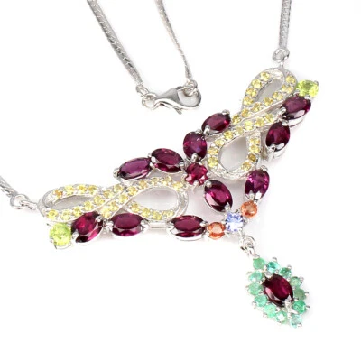 925 Sterling Silber Halskette Oval Rhodolith Granat Smaragd Edelstein Schmuck - Bild 1 von 4