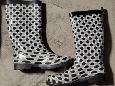 Botas de lluvia ajustables a lunares negros/grises CAPELLI NEW YORK, talla 10, usadas en excelente estado Foto 1 de 4