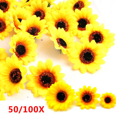 50/100X Tela Amarillo Artificial Seda Artificial Cabeza De Girasol Floral Decoración De Boda • 12.38€