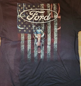 Ford Logo American Flag with Deer Skull BLACK Adult T-shirt - Picture 1 of 3