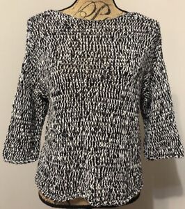 EILEEN FISHER - Black/White Cotton/Nylon Crochet 3/4 Sleeve Pullover, Small