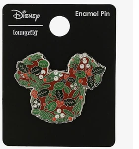 2019 Mickey Mouse Head Loungefly Pin - mistletoe and holly leaves - Trading - Picture 1 of 9