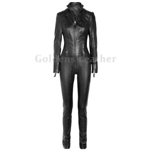 Front Zipper Long Sleeves Genuine Leather Jumpsuit Leather Overall For Women