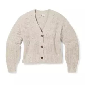 NEU MIT ETIKETT SMARTWOOL KUSCHELIGER LODGE KURZ GESCHNITTENER DAMENCARDIGAN PULLOVER $ 160 S HAFER MELIERT - Bild 1 von 3