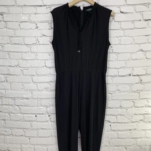 Lauren Ralph Lauren Jumpsuit Size L Black Sleeveless Jersey Tie Neck Tapered Leg - Picture 1 of 17