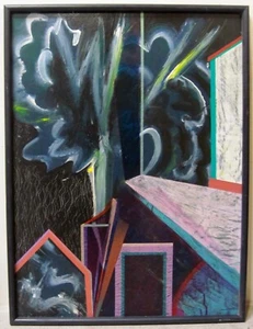 Vintage Surrealistisches Gemälde Geometrisch Abstrakt Signiert Original Amerikanische Pop Art - Bild 1 von 6