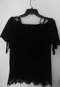 Peasant Top Large Woman’s Black Eyelet Off Shoulder Short Sleeves Tie Lined Lace - Picture 1 of 15
