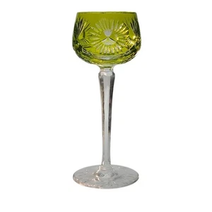 Bohemian Lime Green Cut to Clear Fans and Floral Wine Glass 8.25” - Picture 1 of 6