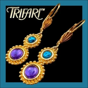 Vintage TRIFARI Earrings BLUE & PURPLE Goldtone PIERCED Boho Chic COCKTAIL Gypsy - Picture 1 of 15
