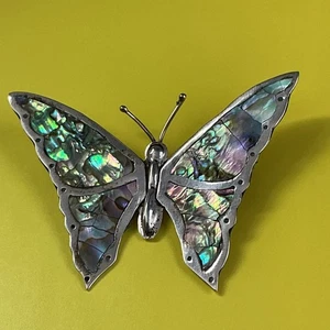 925 Silber große Schmetterling Design Brosche mit Abalone Intarsien signiert / Mexiko - Bild 1 von 8