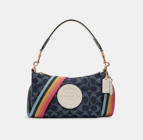 Borsa a tracolla Coach Dempsey firmata jacquard denim blu borsa nuova $298
