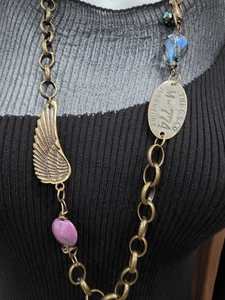 Boho Steampunk Chain Necklace Brass Tone Hand Made Artistic Crystal - Picture 1 of 8