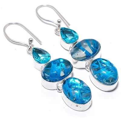 Quarzo rutilato blu, pietra preziosa topazio blu 925 orecchino gioiello in... - Immagine 1 di 4