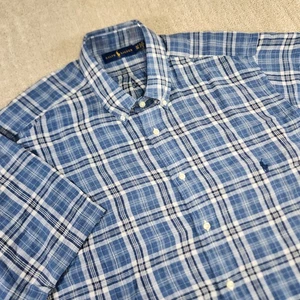 Polo Ralph Lauren Shirt Men XLT 100% Linen Windowpane Plaid Blue Button Down NEW - Picture 1 of 10