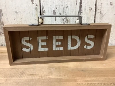 Seeds Sign Standing Wood Shelf Decor Galvanized Handle Brown White Letters Fixer - Image 1 of 4