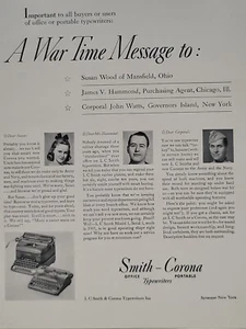 Smith Corona 1942 máquina de escribir Fortune Segunda Guerra Mundial anuncio impreso Q3 War Time Message Homefront - Imagen 1 de 2