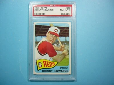 1965 TOPPS 美国职棒大联盟棒球卡 #418 约翰尼·爱德华兹 PSA 8 近乎完好/完好夏普 + '65 GL — 第 1/4 张图片