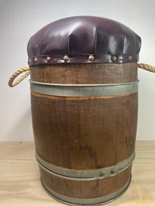 Vintage Wooden Barrel Metal Banded w/ Seat Cushion Top Rope Handles - Picture 1 of 8