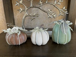 Set of 3 Embellished Jeweled Pumpkins Table Décor - White, Brown & Mint Green - Picture 1 of 12