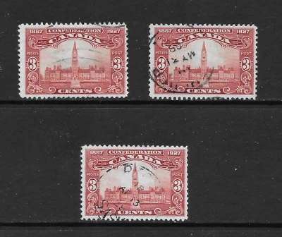 CANADA SCOTT 143 USED x 3 - 1927 3c BRN CARM ISSUE - PARLIAMENT, OTTAWA - Image 1 of 2