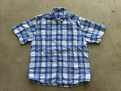 Camisa vintage década de 1990 Allan Riverer azul xadrez mistura de linho botão tamanho XL - Imagem 1 de 4